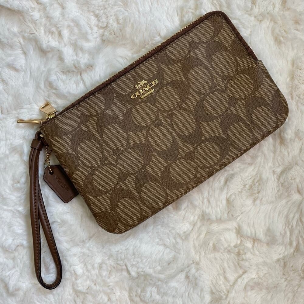 COACH Double Zip Wallet Wristlet in Signature Coated Canvas in Classic Khaki - Picture 2 of 13